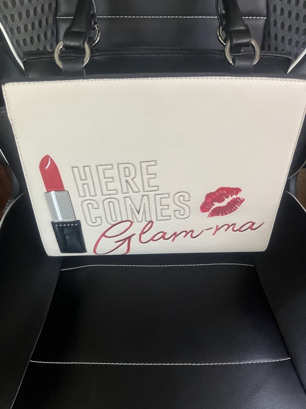 Glam-ma Cream and black Tote Bag with Pink Lipstick Graphic